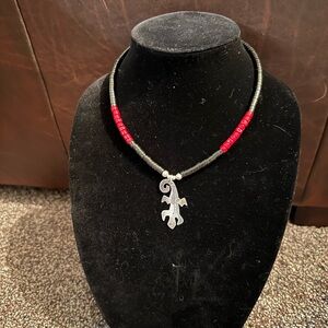 Handmade Coral, Jet, Sterling Silver with a Vintage Sterling Silver Pendant
